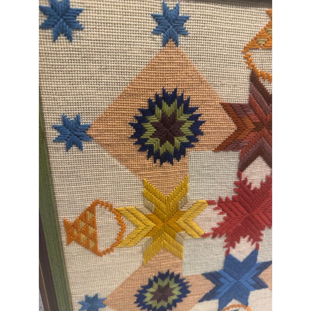 Vintage 1975 Framed Cross Stitch Hand Embroidery Colorful Textile Art 18.5x18.5" - Picture 2 of 9